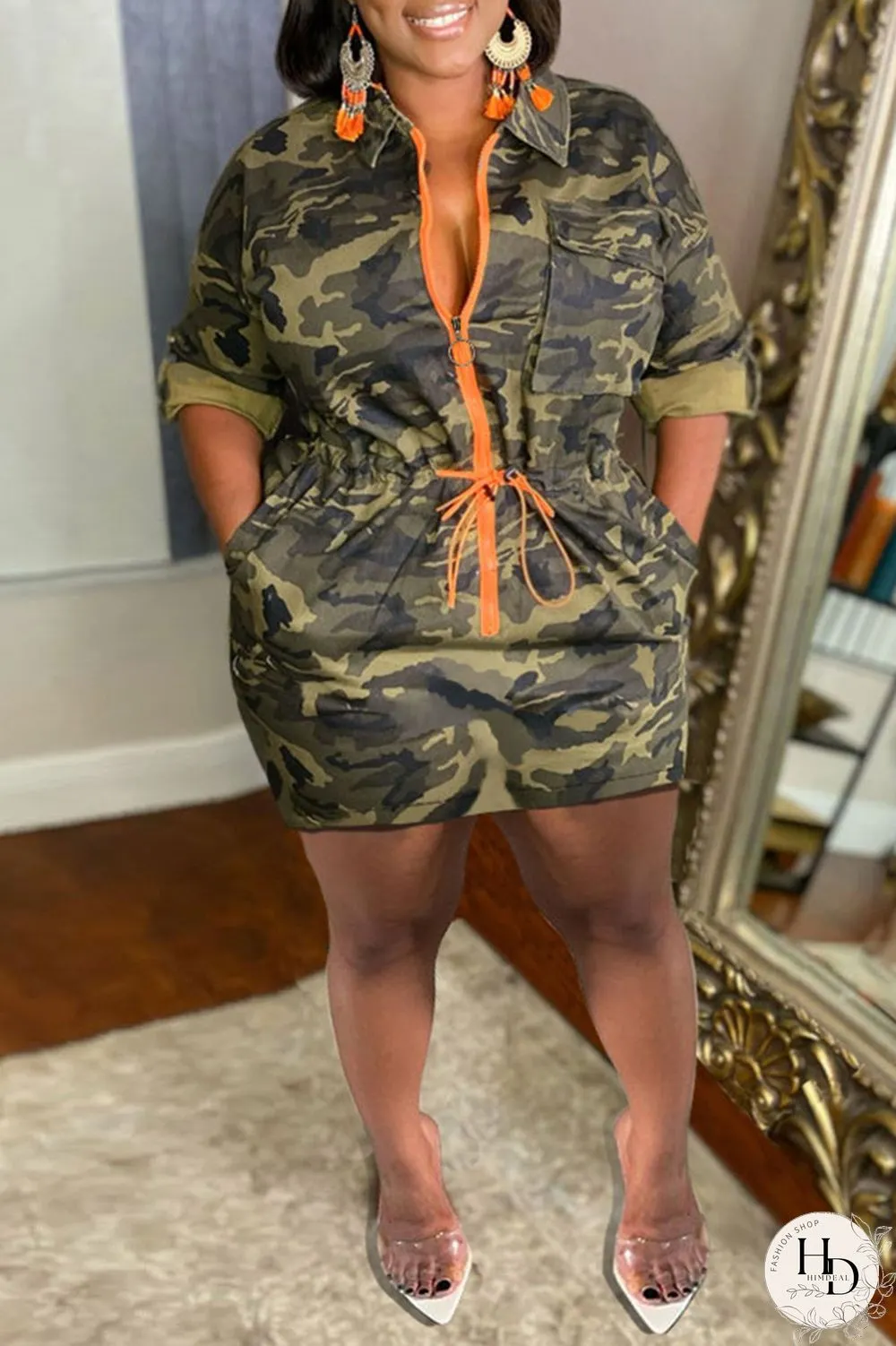Camouflage Casual Camouflage Print Patchwork Draw String Zipper Turndown Collar Straight Dresses