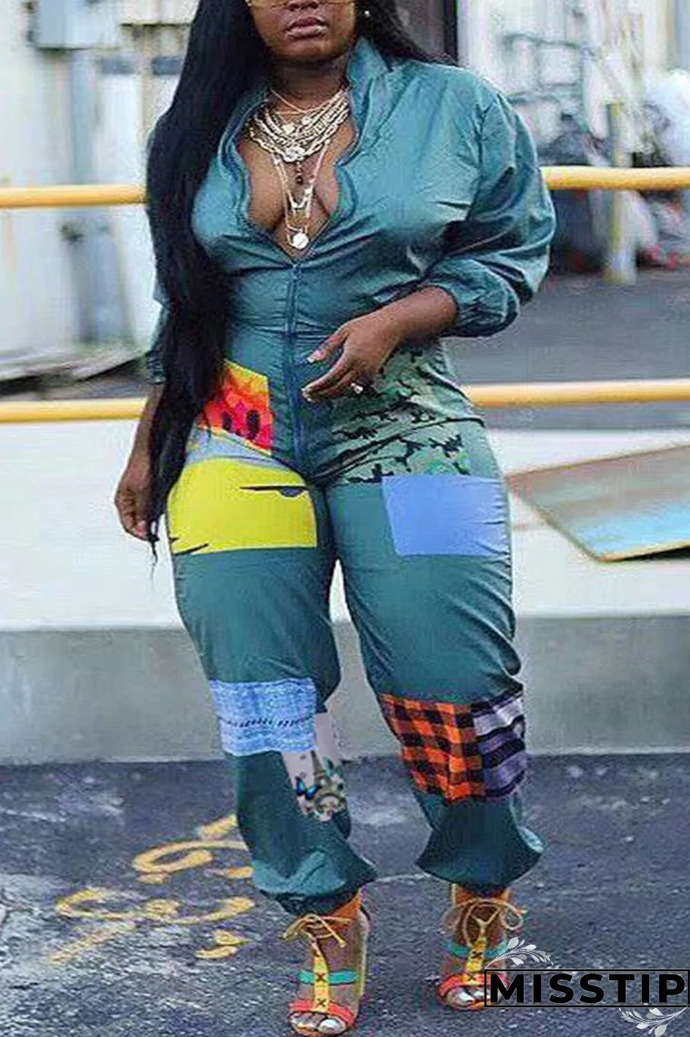 Leopard print Chemical fiber blend Sexy zipper Leopard Print Camouflage Zippered Zipper Plus Size