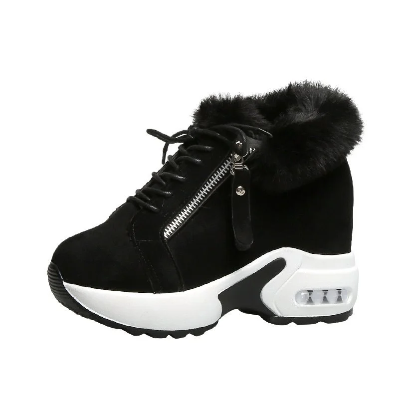 Qengg Winter Plus Fleece Warm Casual Female Sneakers Comfortable Chunky Wedges Vulcanize Shoes Fashion Lace-Up Pink Platform Loafers