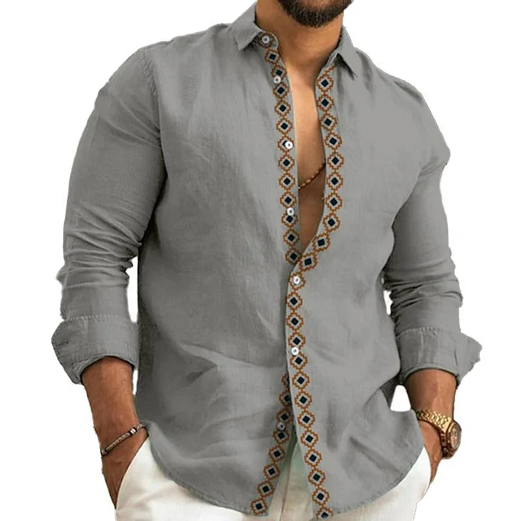 Men's Casual Printed Panel Lapel Long Sleeve Shirt