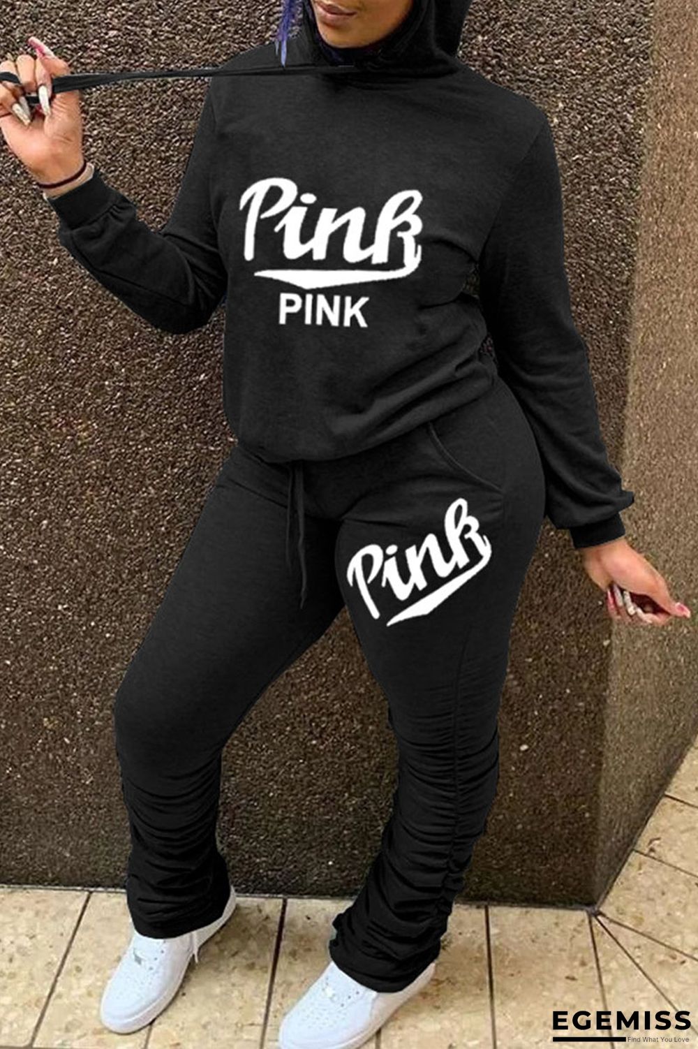 Black Casual Letter Fold Hooded Collar Long Sleeve Two Pieces | EGEMISS