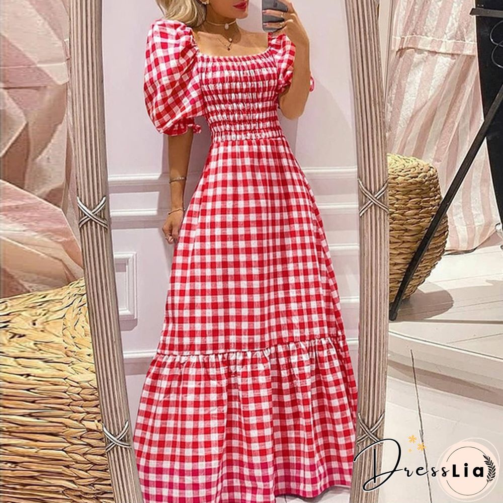 Women Puff Sleeve Square Neck Vintage Checked Plaid Maxi Dress Holiday Party Prom Dresses Kleid Plus Size