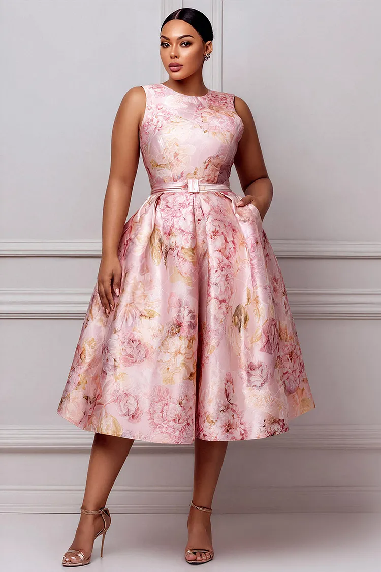 Xpluswear Design Plus Size Wedding Guest Elegant Pink Floral Round Neck Pocket Satin Midi Dresses [Pre-Order] 2024 - Xpluswear