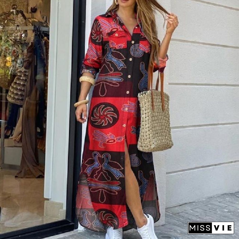 New Fashion Boho Dress Casual Loose Long Sleeve Chain Print Shirt Dress Long Dress Vestidos De Mujer