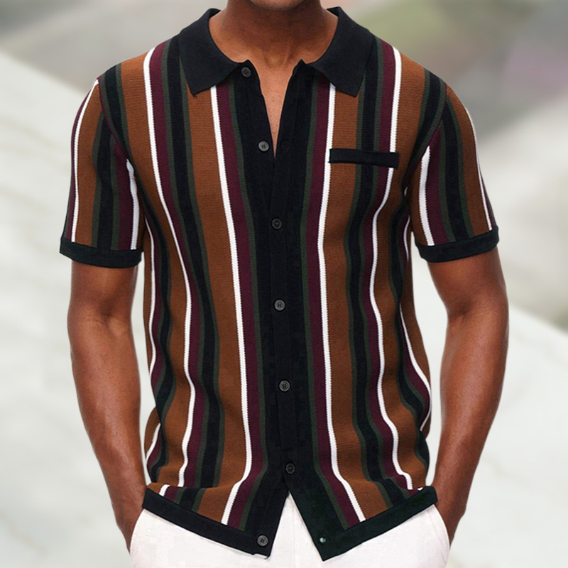 Men's Casual Button Knitted Polo Shirt Stripe T-shirt | ARKGET