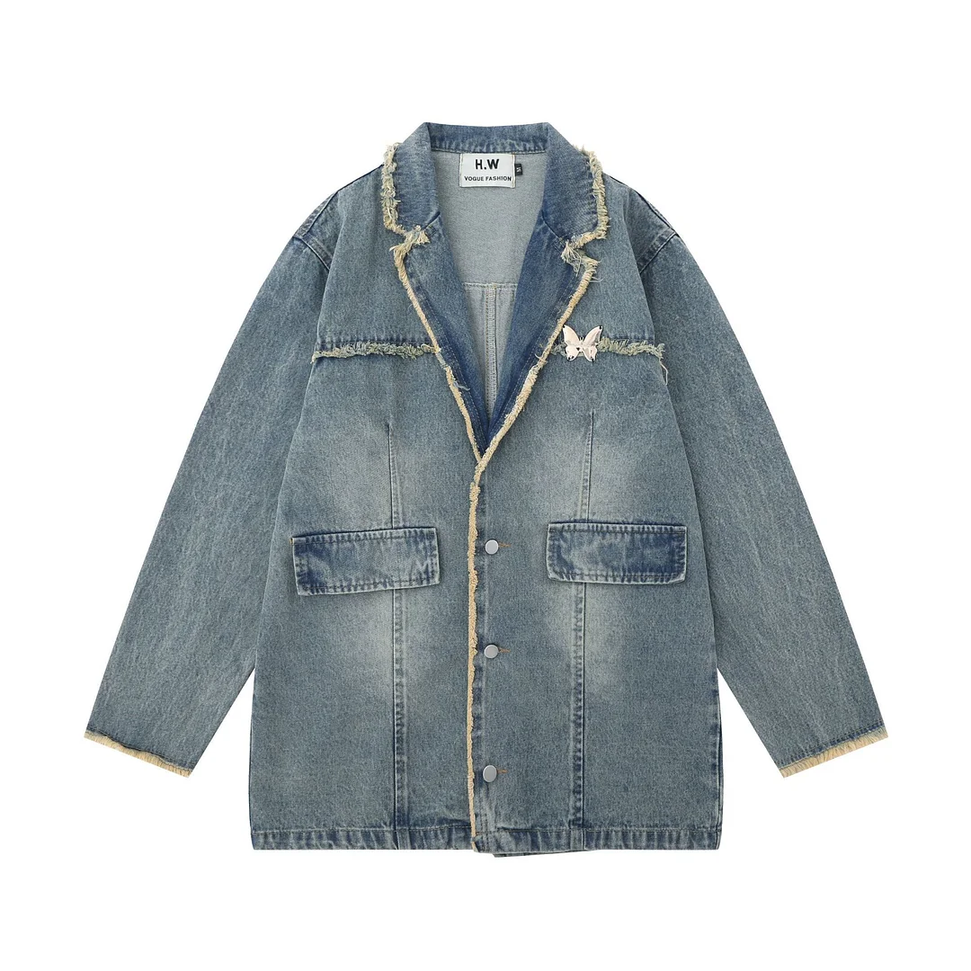 Women's Retro Long Suit Collar Denim Cardigan Jacket for Men and Women