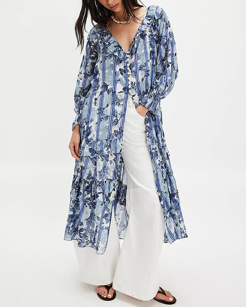 Floral Print V Neck Long Sleeve Single Breasted Midi Dress