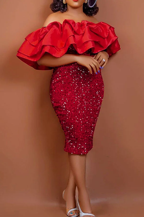 Sequined Party Tiered Ruffle Off Shoulder Midi Dress