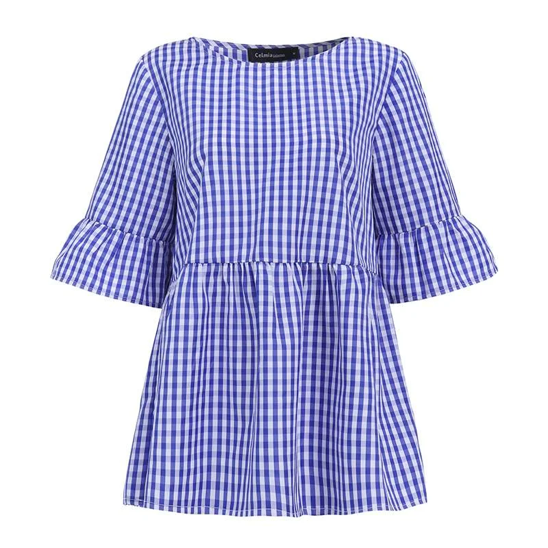 Celmia Women Vintage Plaid Blouse Checked Shirts 2021 Fashion 3/4 Flare Sleeve Tunic Tops Casual Loose Pleated Work Blusas S-