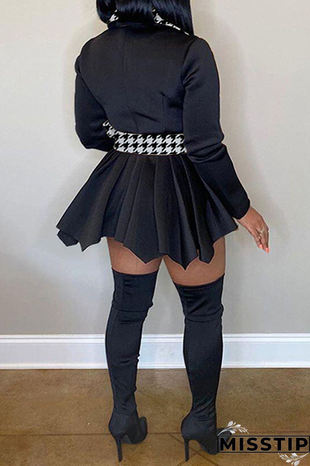 Black And White Casual Print Patchwork Turn-back Collar Long Sleeve Plus Size Dresses