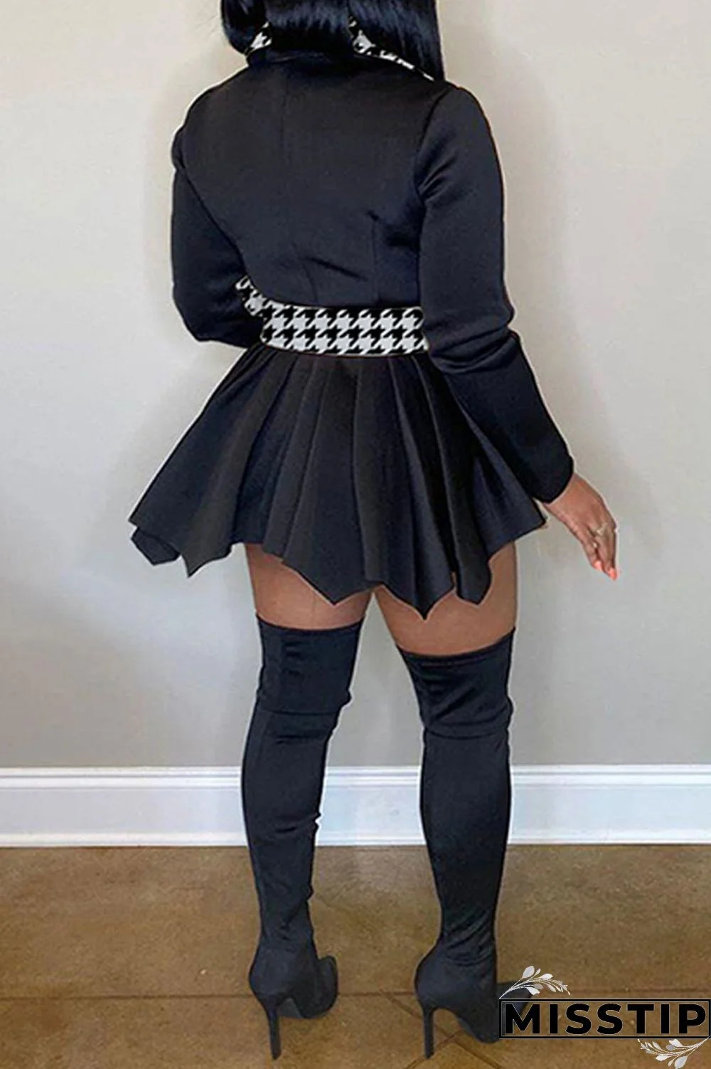 Black And White Casual Print Patchwork Turn-back Collar Long Sleeve Plus Size Dresses