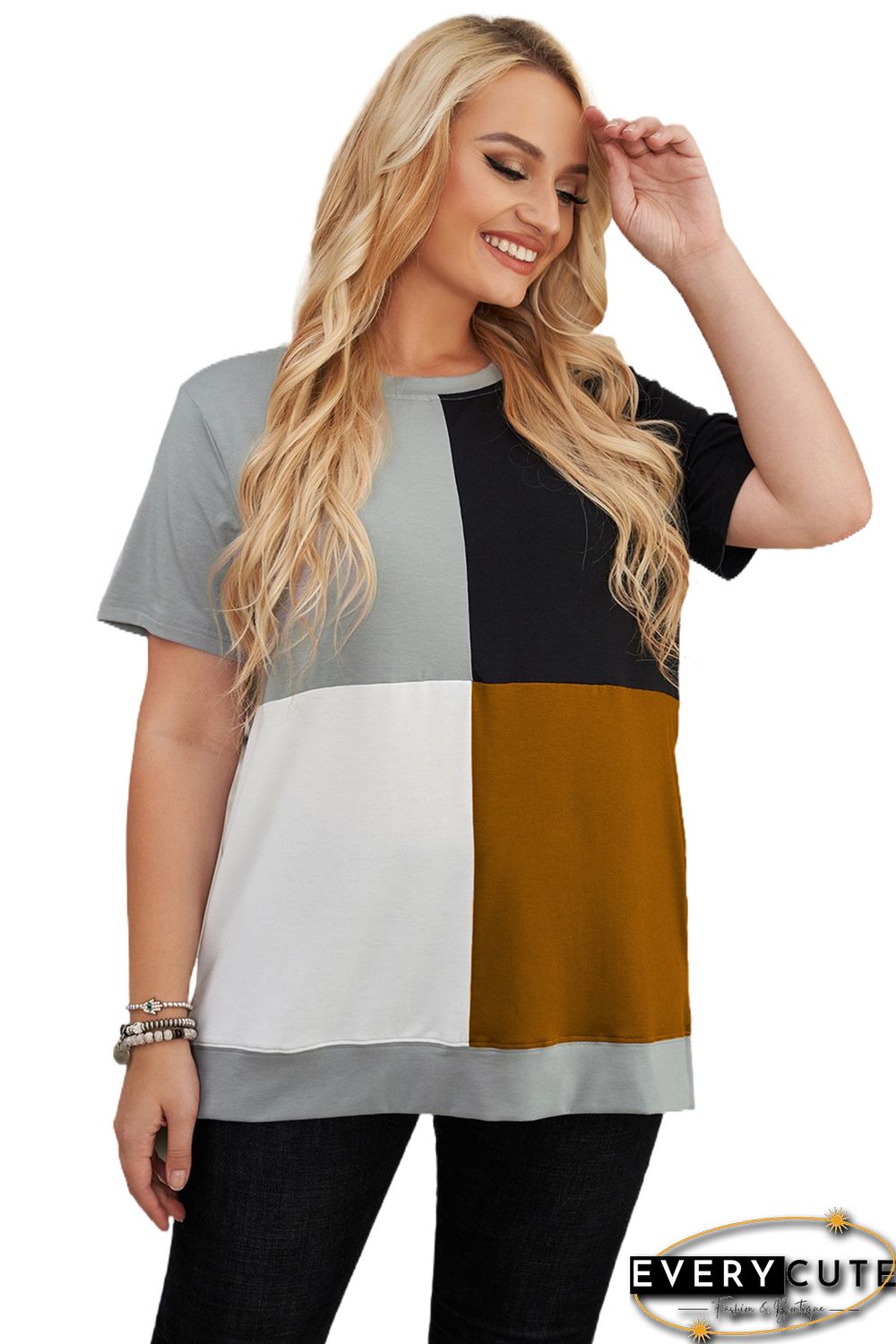Khaki Plus Size Crew Neck Colorblock T-shirt
