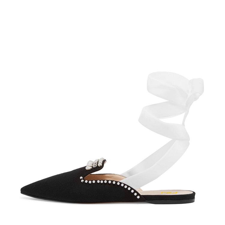 Black Pointy Toe Strappy Flats Rhinestone Mule Loafers for Women |FSJ Shoes