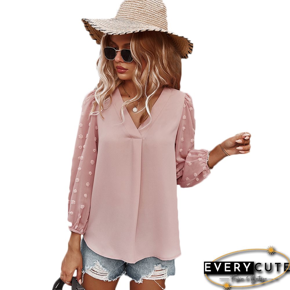 Pink V Neck Chiffon Long Sleeve Blouse