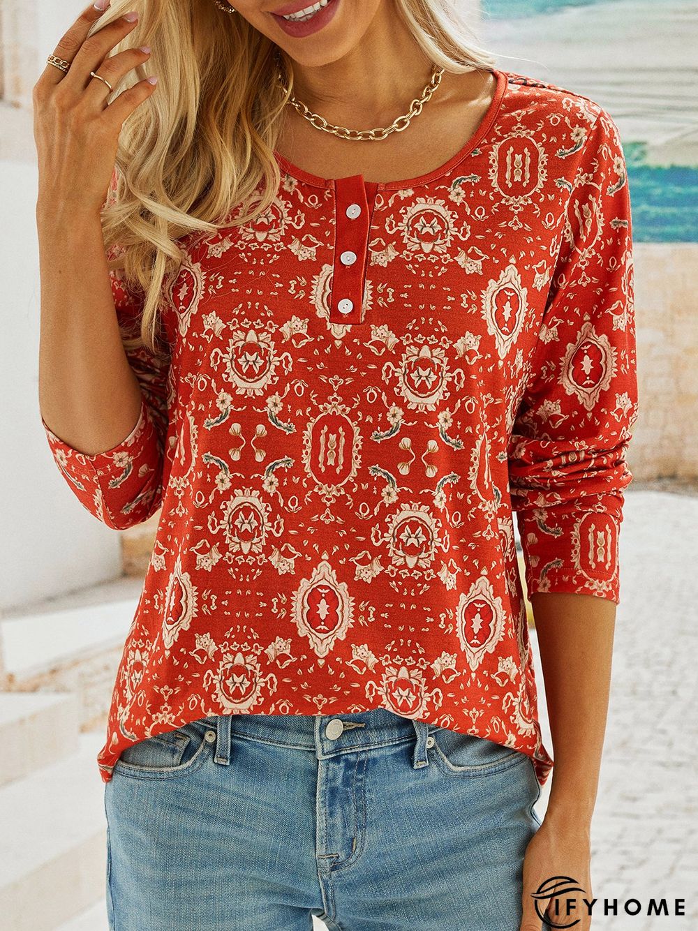 Vintage Printed Long Sleeve Loose T-Shirt | IFYHOME