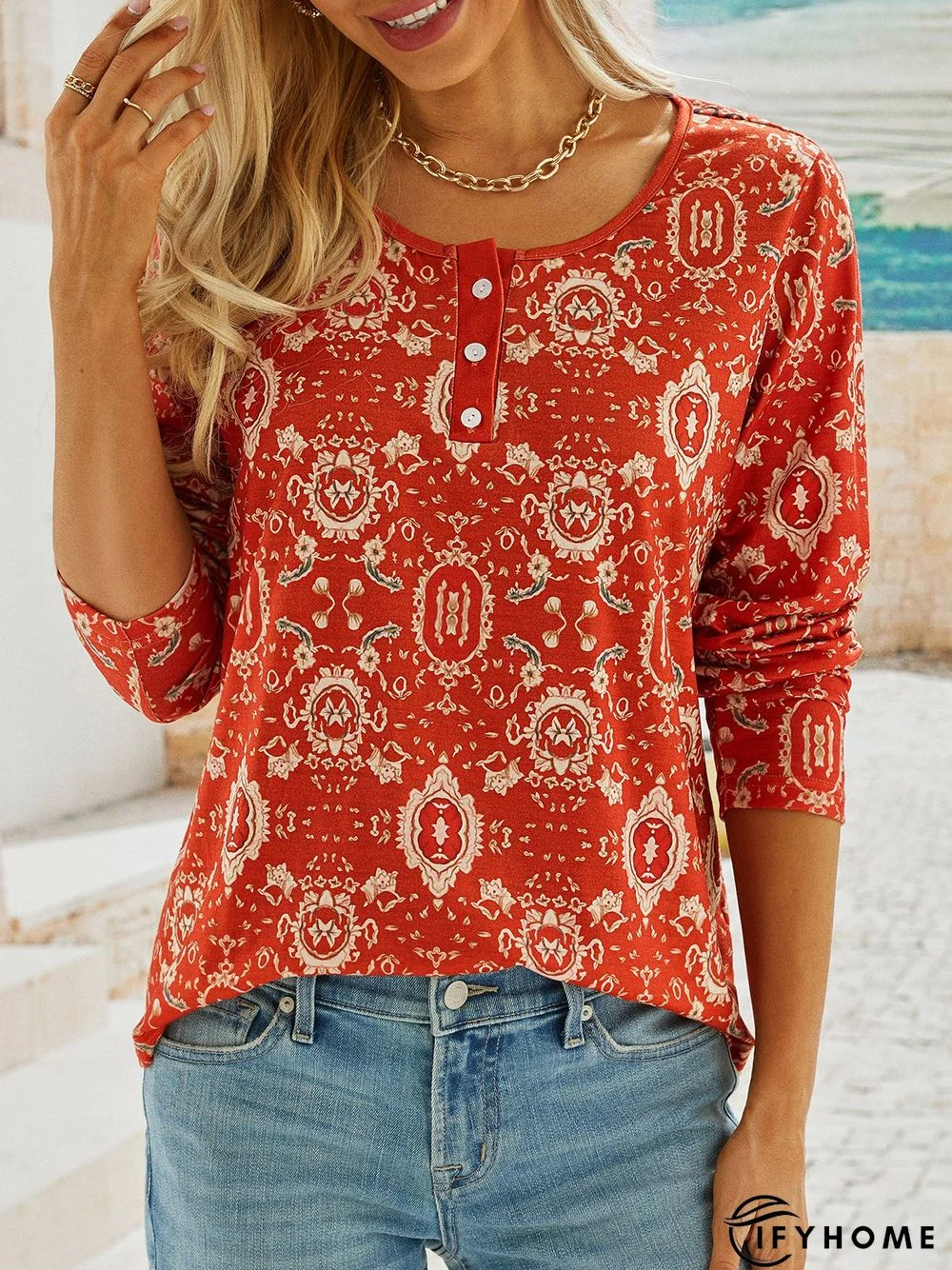 Vintage Printed Long Sleeve Loose T-Shirt | IFYHOME