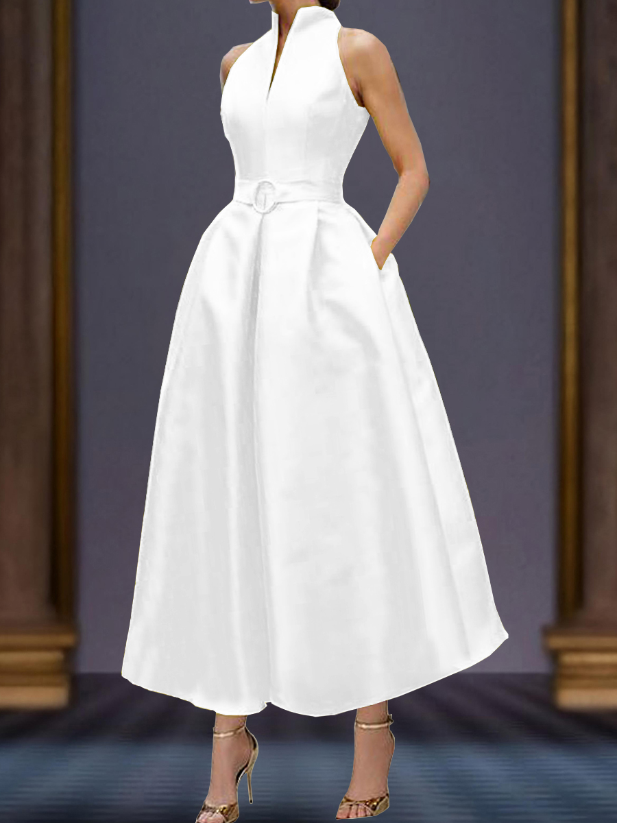 Ursime Sleeveless Stand Collar Pocket Solid Maxi Dress
