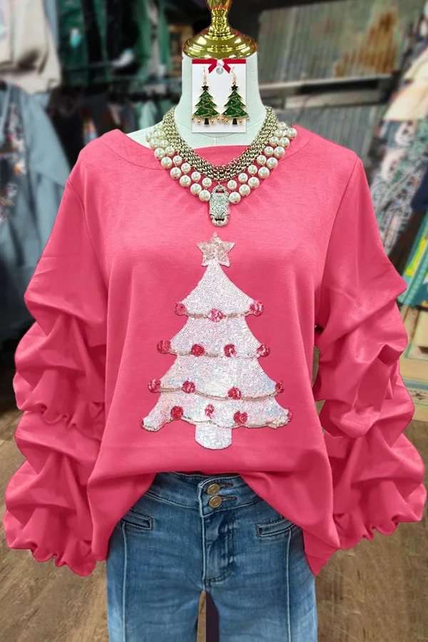 Christmas Tree Print Ruched Long Sleeve Top