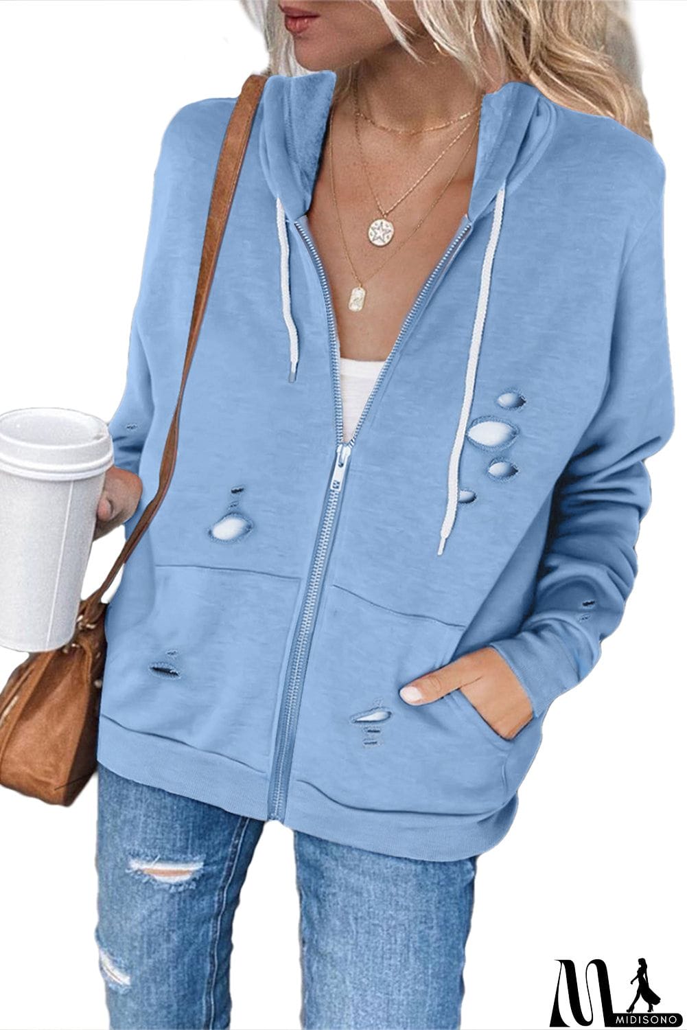 MidiSono - Ripped Zipper Pocket Hoodie