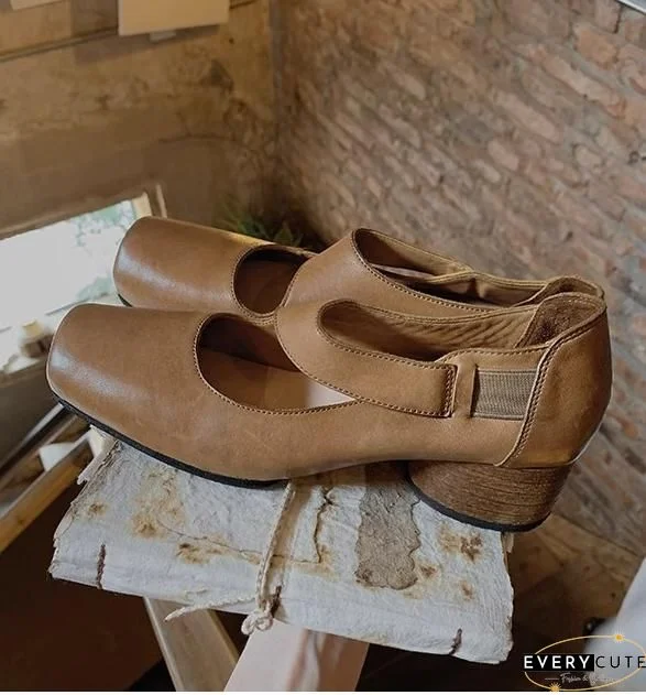 Coffee Hollow Out Pointed Toe Splicing Chunky High Heels