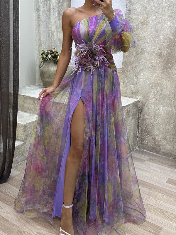 Style & Comfort for Mature Women Women Floral One Shoulder Sexy Long-sleeved dress Maxi Dress