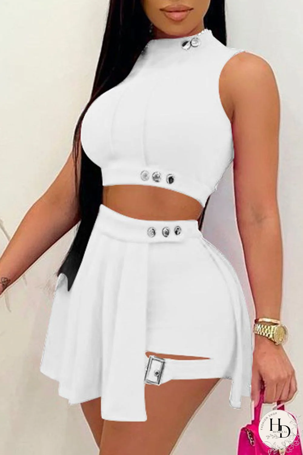 White Casual Solid Patchwork O Neck Sleeveless Two Pieces