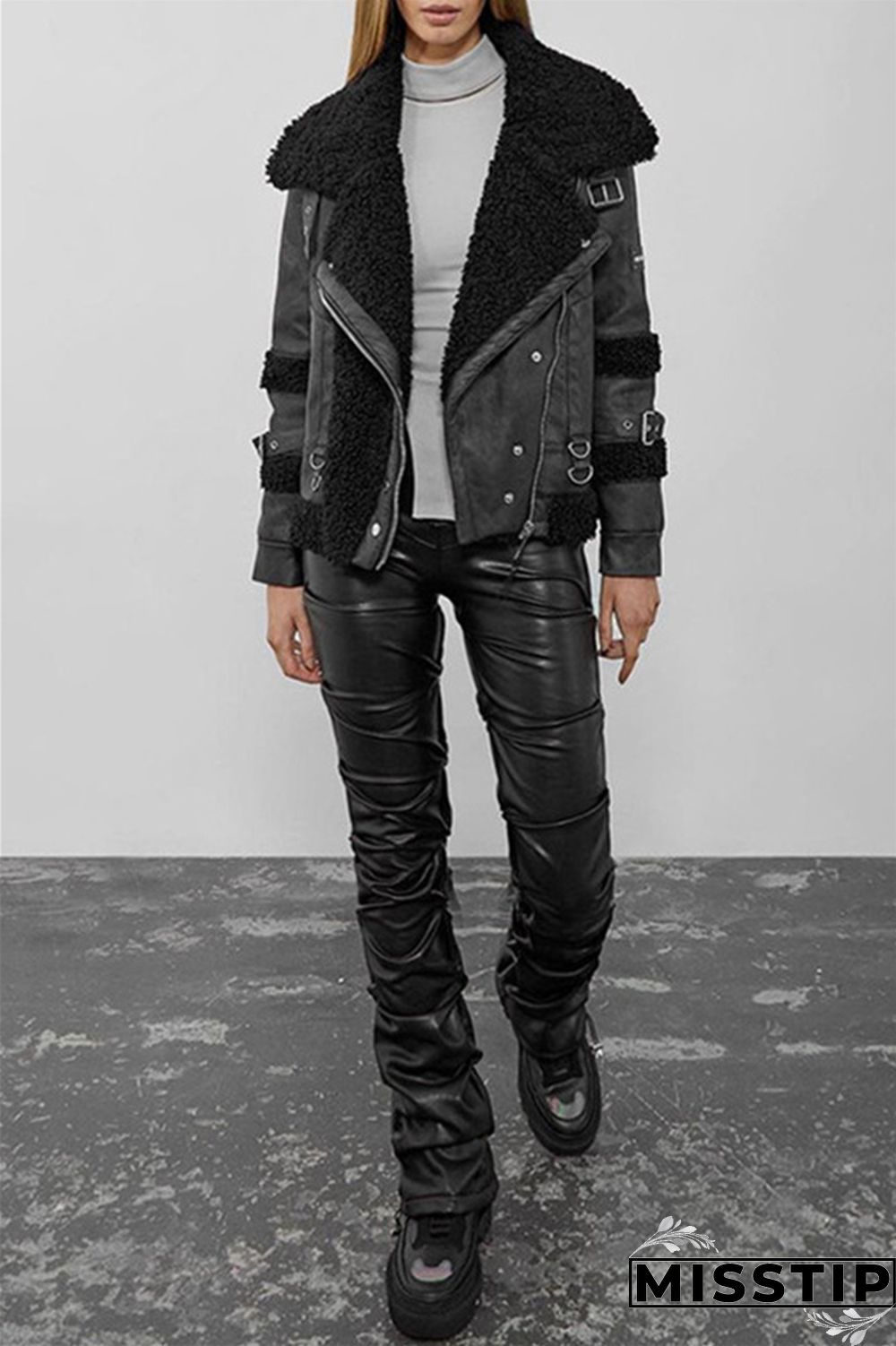 Black Fashion Casual Solid Patchwork Regular High Waist Trousers