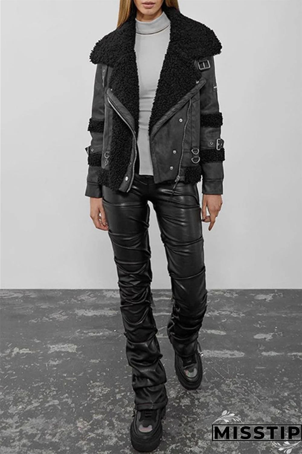 Black Fashion Casual Solid Patchwork Regular High Waist Trousers