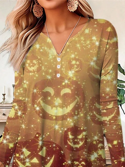 Women's Long Sleeve V-neck Graphic Halloween Midi Dress