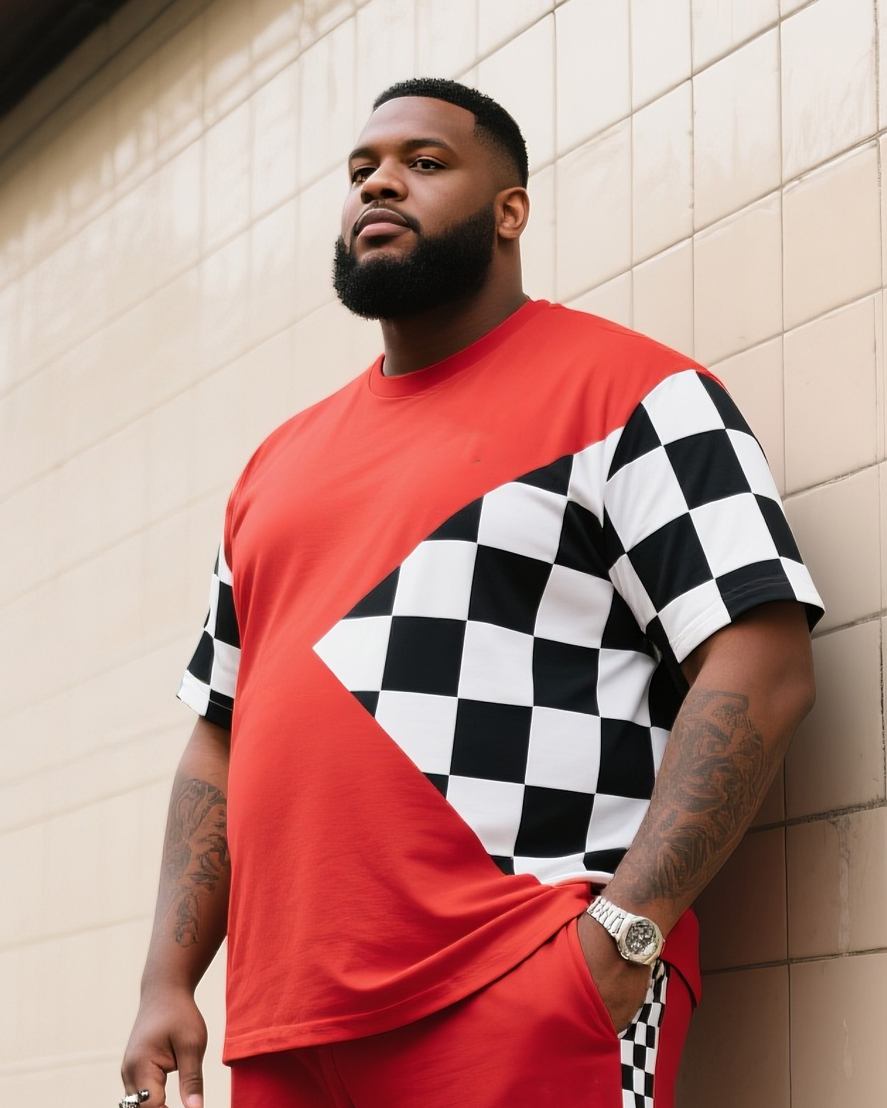 Big Boy Daily Casual Fox Red Chessboard Black And White Plaid Irregular Round Neck Short Sleeve T-Shirt Trousers Suit