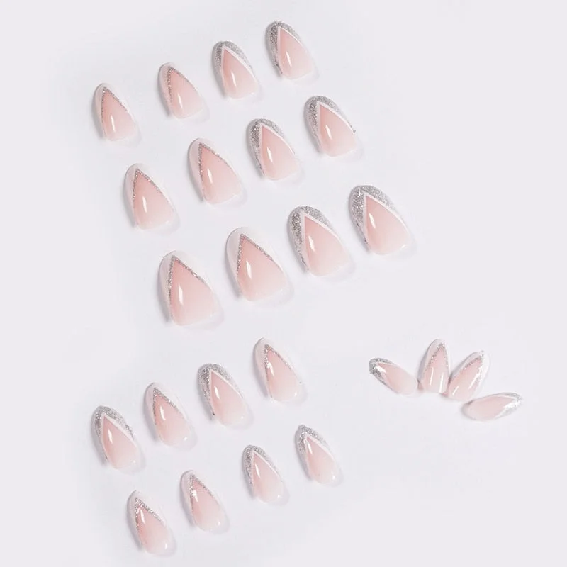 Press on nails  24pcs/box fake nails french manicure oval head white and silver rim design artificial nails with glue for girls-Nail Inspo