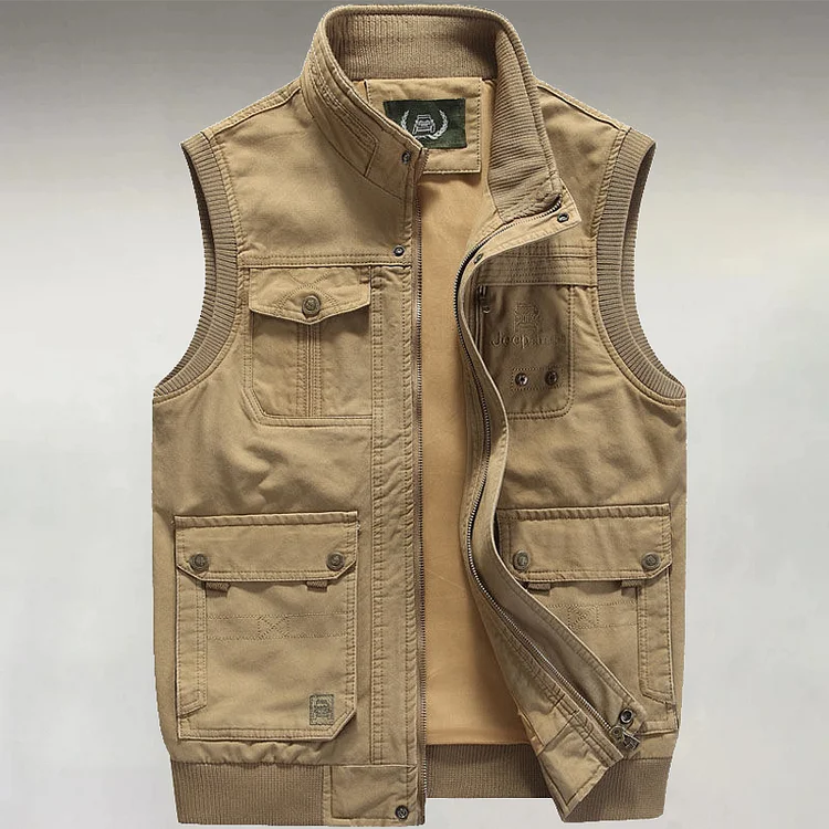 Men's Outdoor Stand Collar Multi-Pocket Zipper Solid Vintage Vest