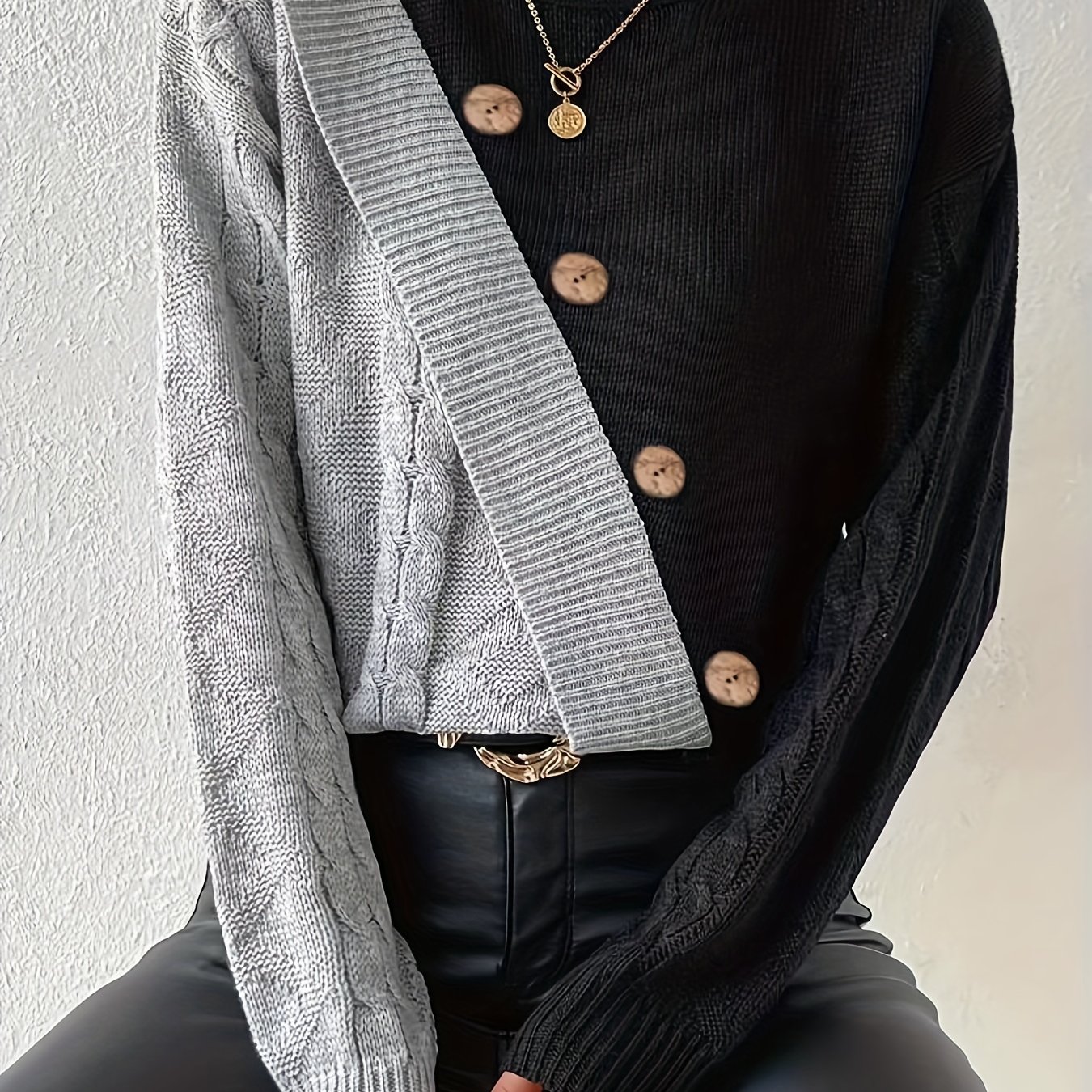 Two-tone Mock Neck Pullover Sweater, Casual Button Front Long Sleeve Sweater, Women's Clothing