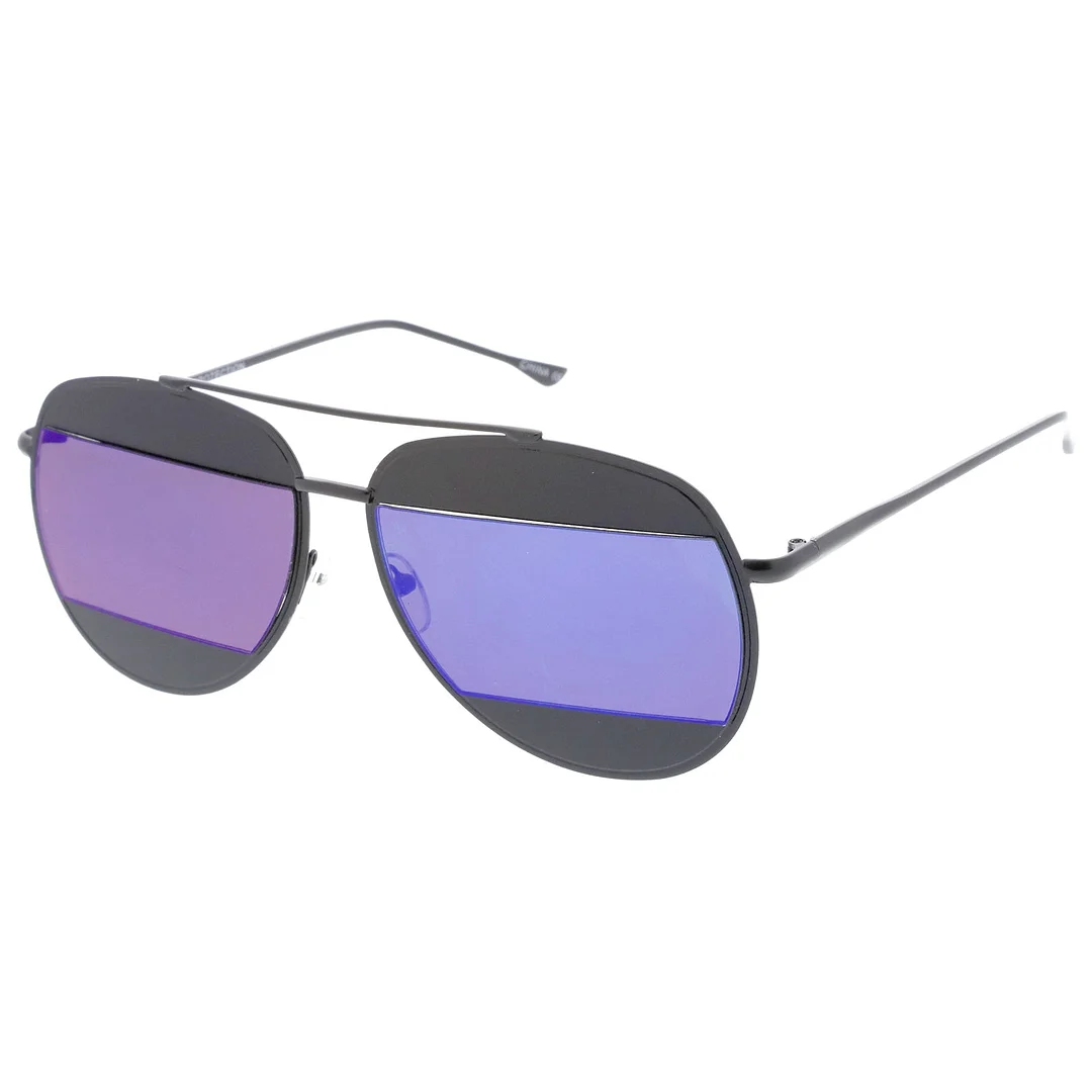 Two-Toned Metal Thin Temple Brow Bar Colored Mirror Split Lens Aviator glasses 57mm