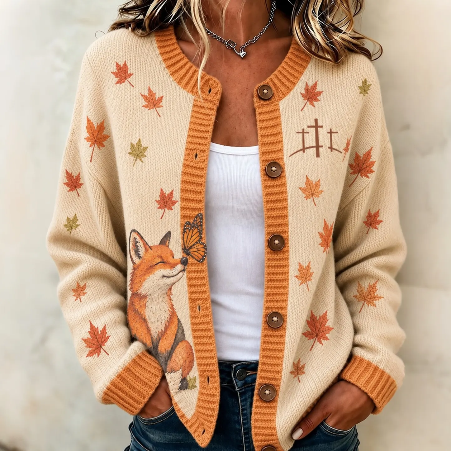 Comstylish Women's Autumn Cute Fox Fall In Faith Pattern Tri-color Gradient Knit Cardigan