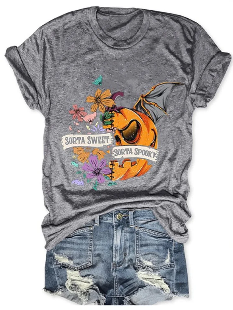 Sorta Sweet Sorta Spooky Fun Print Casual Short Sleeve Crew Neck T-shirt
