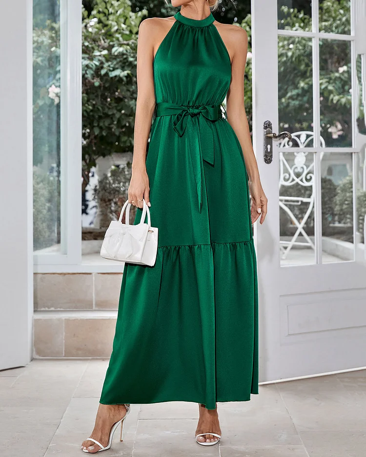 Casual halter neck solid color waist dress
