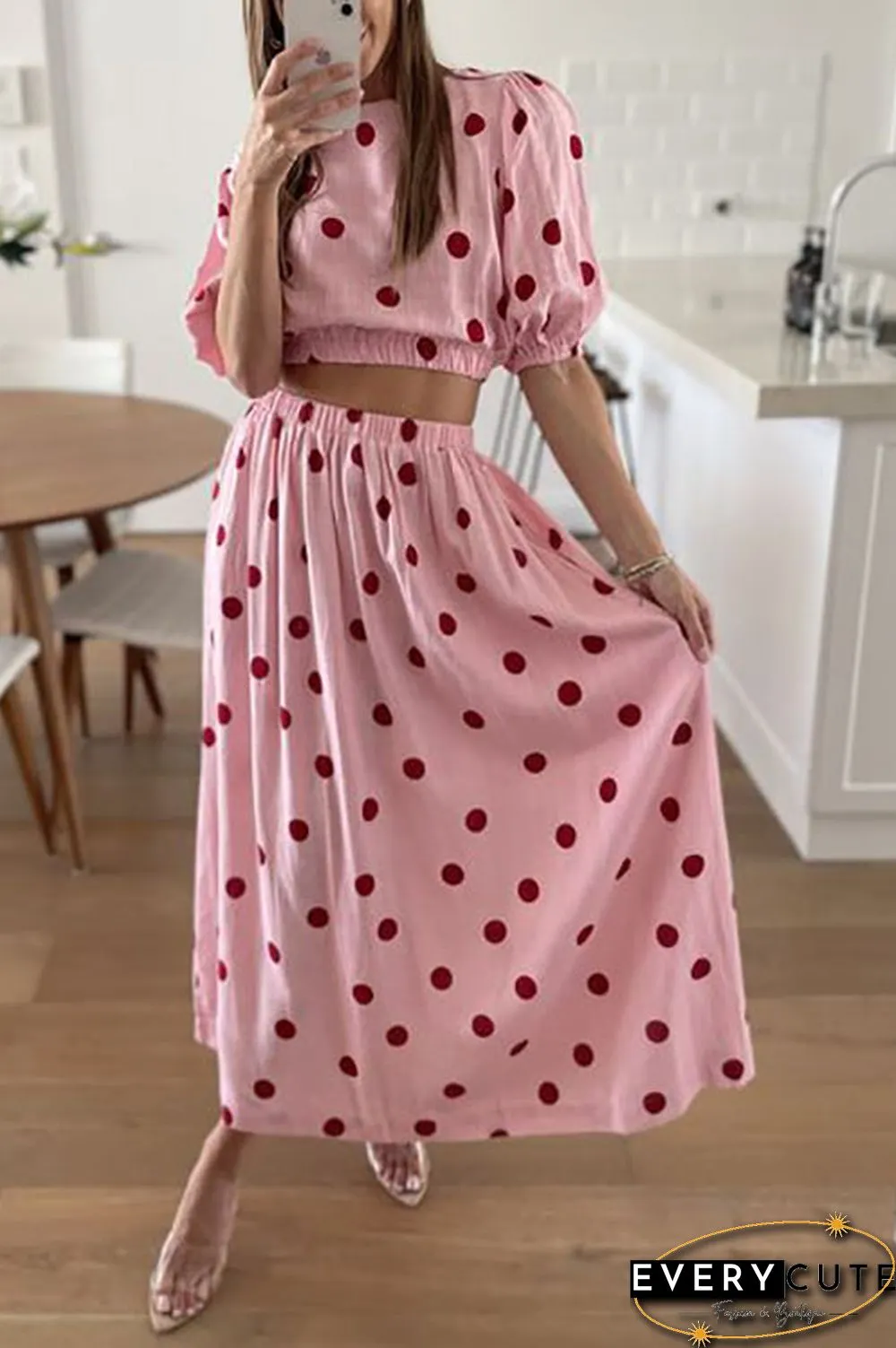 Polka Dot Puff Sleeve Maxi Skirts Set
