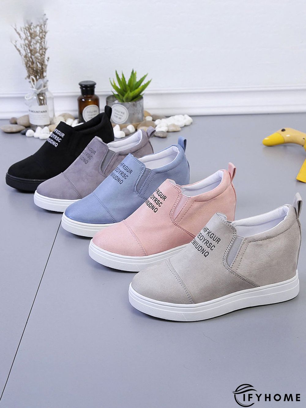 Letter Stitching Inner Heightening Round Toe Wedges | IFYHOME
