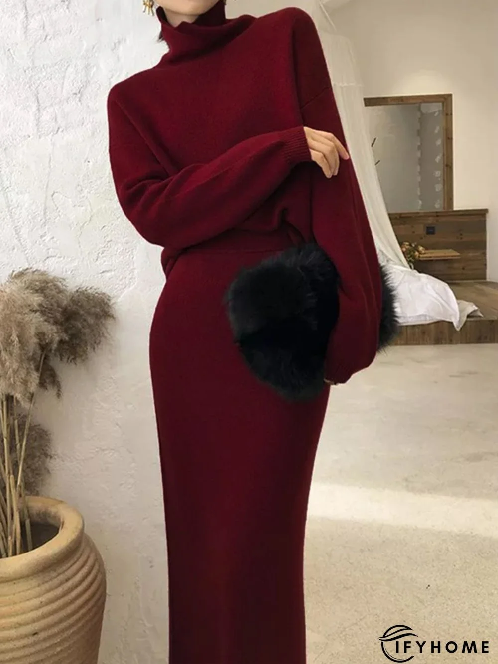 Elegant Plain Turtleneck Long Sleeve Two-Piece Set | IFYHOME