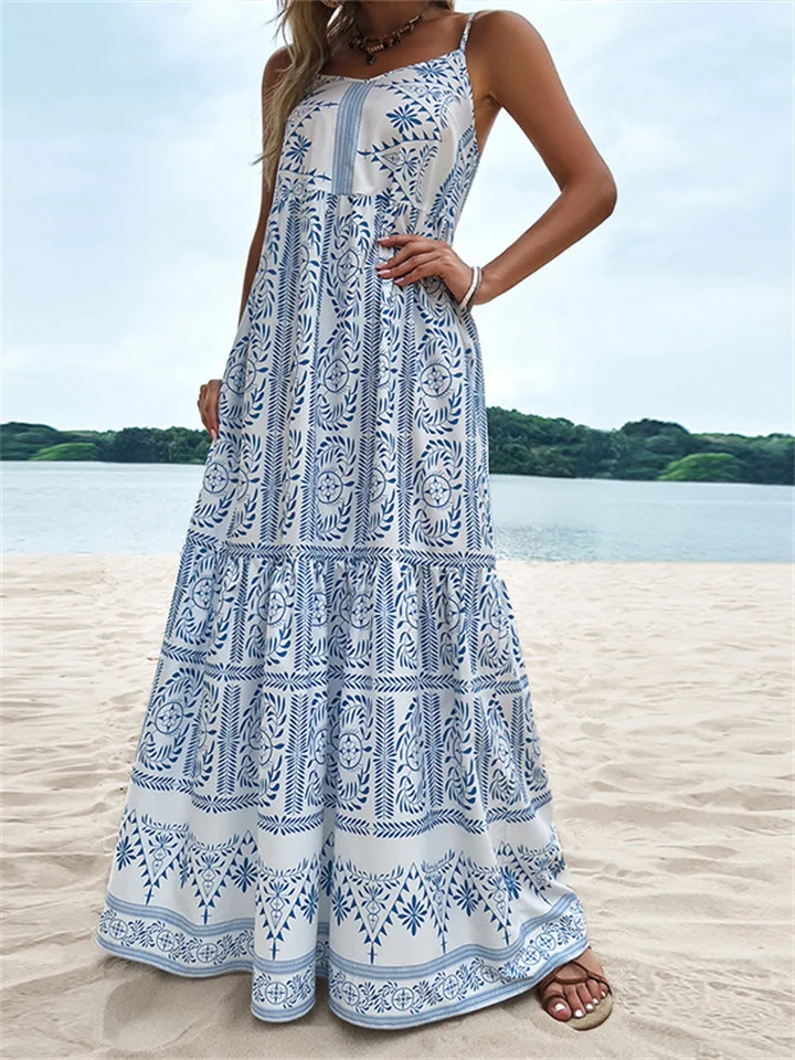 Summer Blue Print Bohemian Wind Halter Large Hem High Waist Loose Ladies Dress-Cosfine