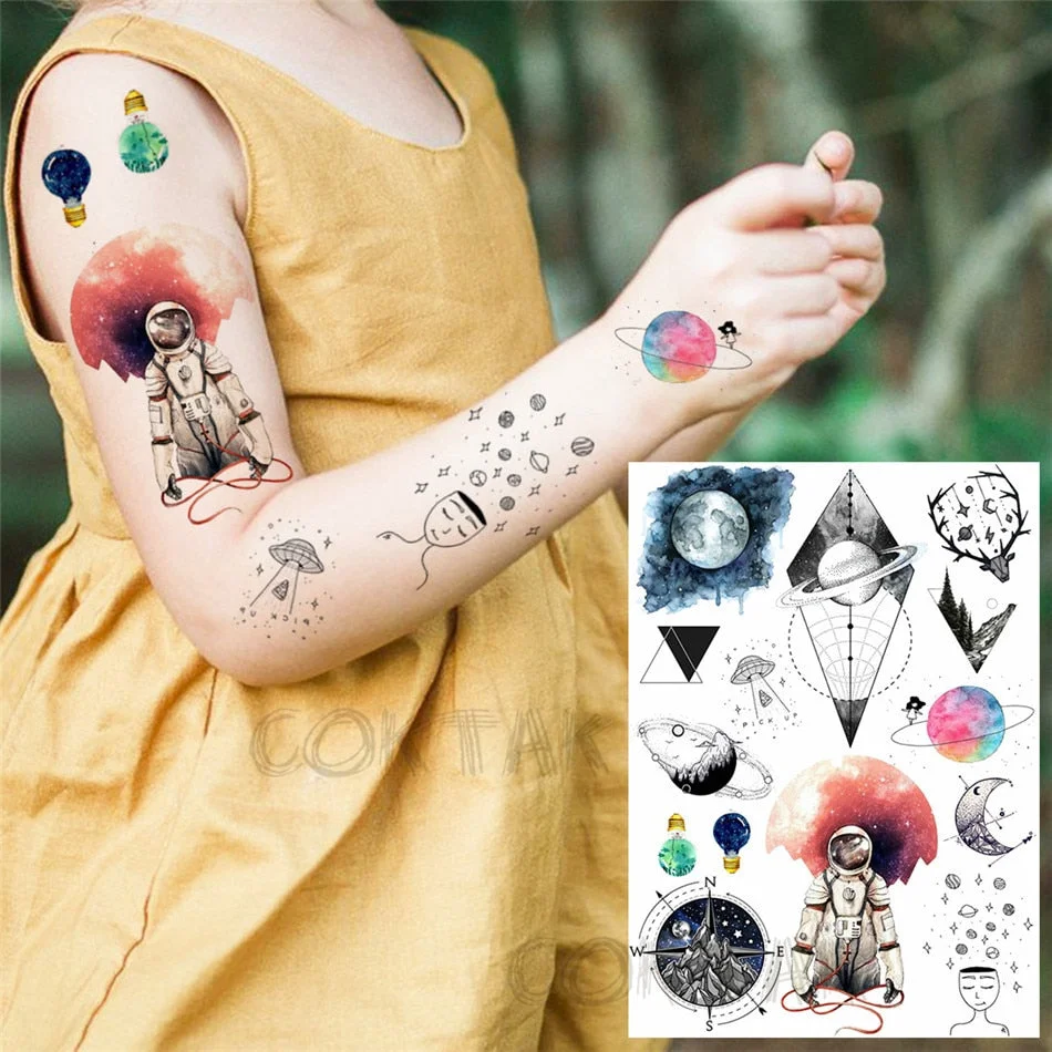 Realistic Fake Black Animal Temporary Tattoos Sticker For Men Women Geometric Wolf Outer Space Tatoo Temporary Decal For Kids