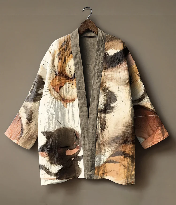 Japanese art-embroidered linen kimono cardigan