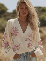 Women's Retro Pink Floral Print V-neck Linen Blend T-shirt