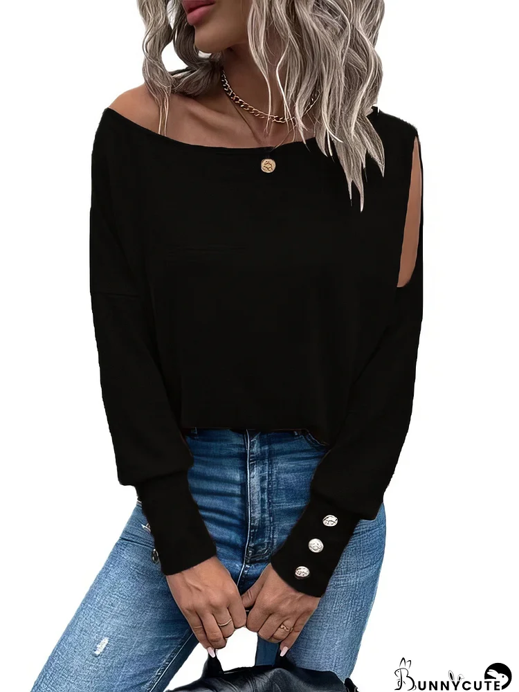 Off-Shoulder Long Sleeve T-Shirt with Button Cuffs