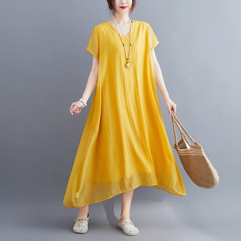 Loose Solid Color Short Sleeve V-Neck Midi Dress