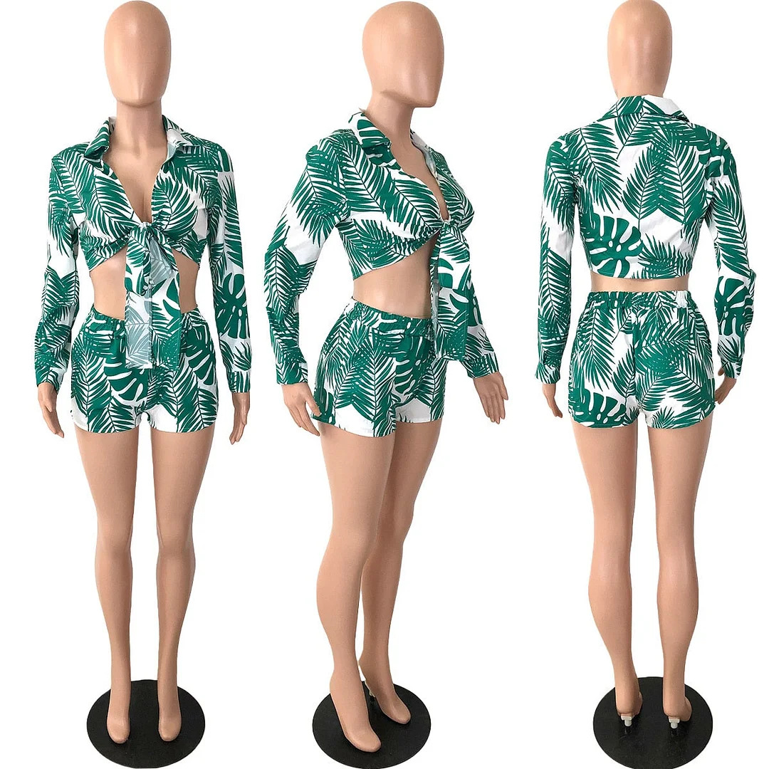 CM.YAYA Elegant Beach Leaf Women Two 2 Piece Set Outfits Sweatsuit 2022 Summer Shirt and Shorts Holiday Matching Set Tracksuit