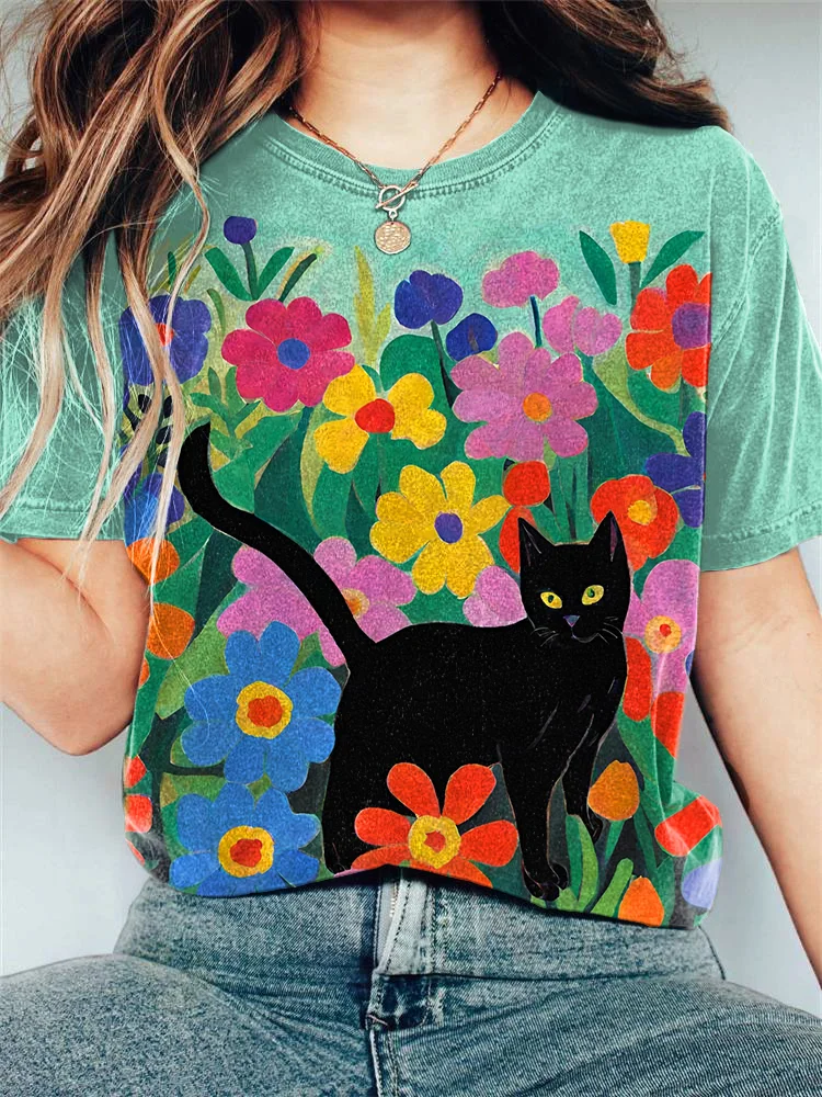 Comstylish Cat Flower Art Print Cotton Casual T-Shirt