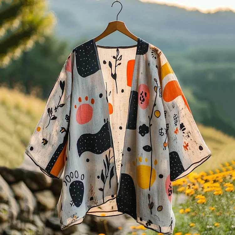 Utbros Summer Farm Cat Peekaboo Natural Patchwork Linen Kimono