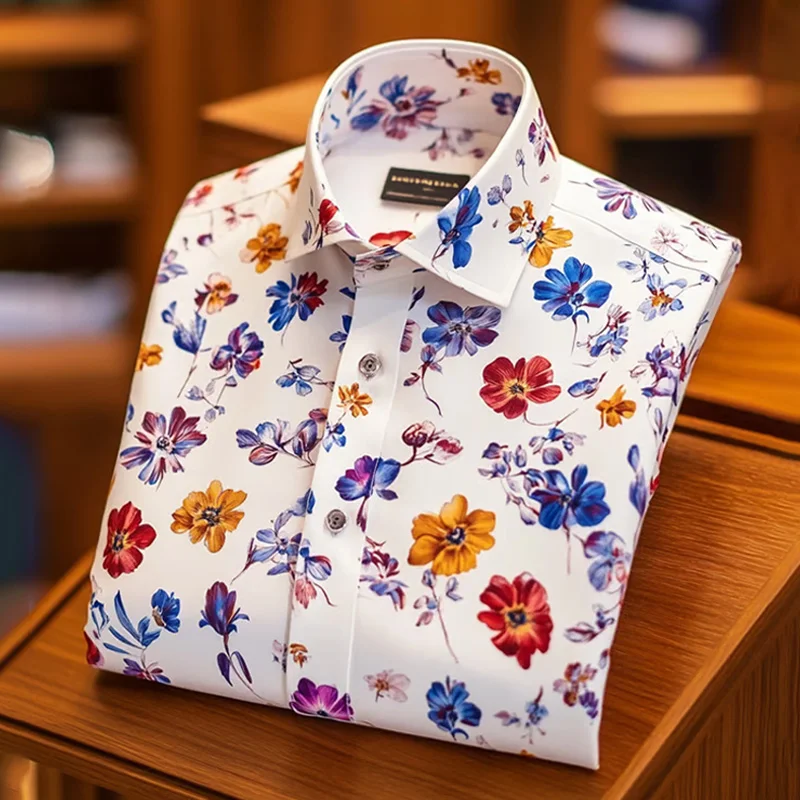 Men's Business Casual Floral Print Long Sleeve Polo Shirt